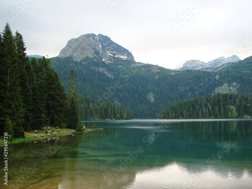 Panorama of rocky peaks of a mountain range covered with glaciers surrounded by pristine green forest on the shores of a blue lake.