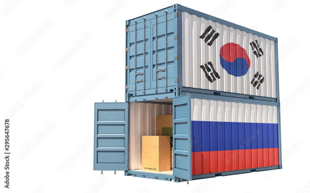 Fototapeta premium Two freight container with Russia and South Korea flag. Isolated on white - 3D Rendering