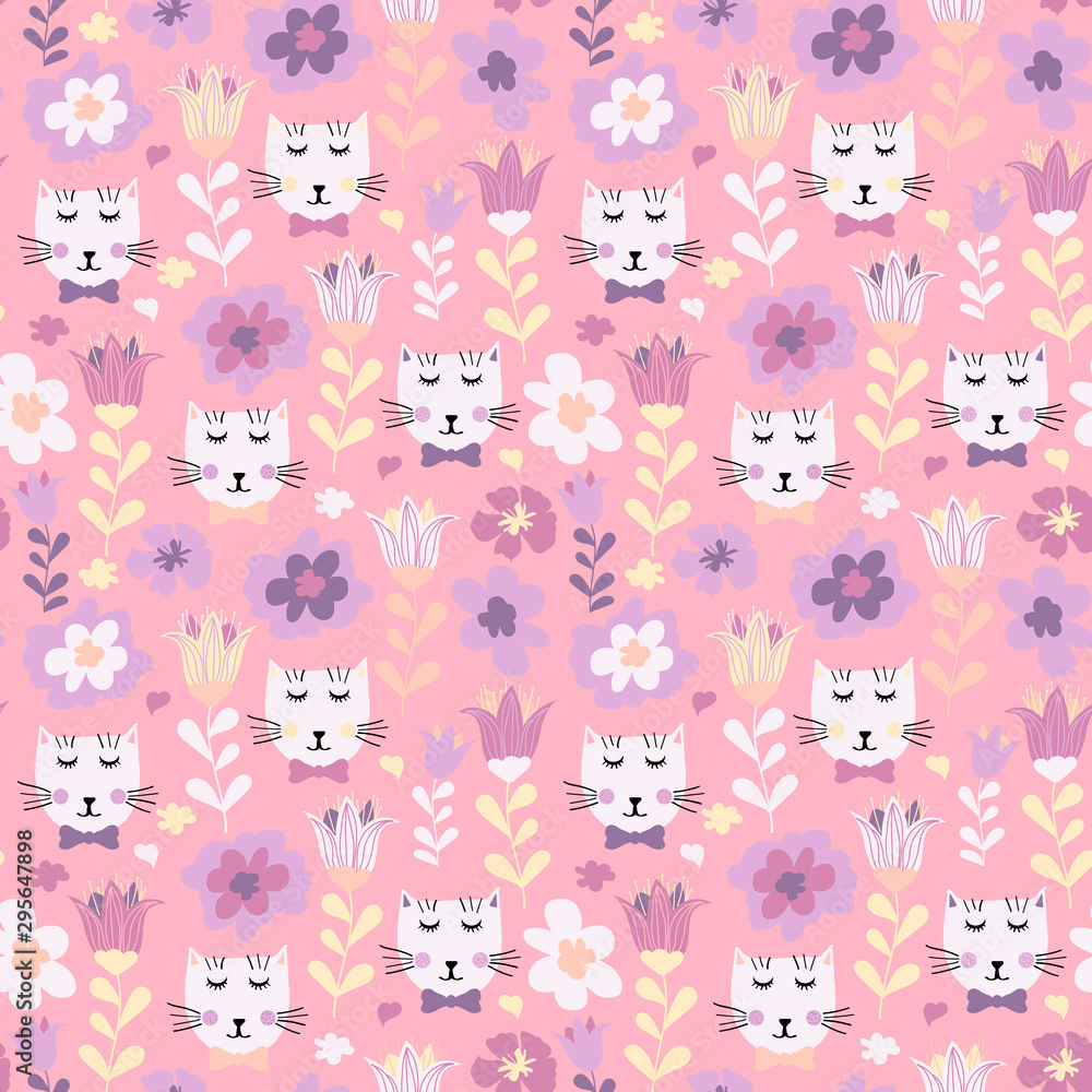 Seamless pattern with hand drawn cats and flowers. Seamless pattern with cute kittens and flowers in pastel colors. Creative childish texture in pastel colors, vector