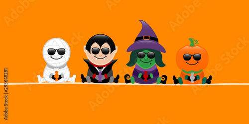 Banner Halloween Mumie Vampir Hexe Und Kürbis Mit Sonnenbrille Orange