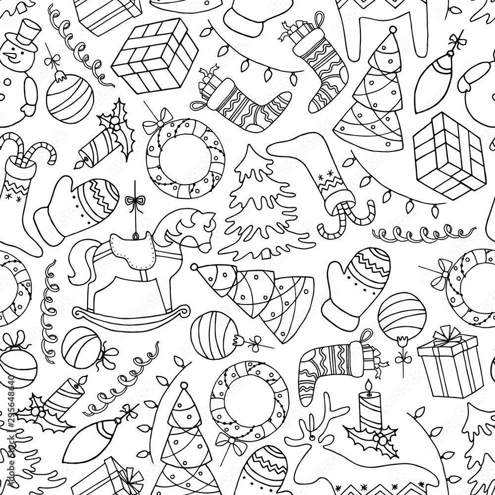 Cute hand drawn Christmas seamless pattern in Doodle style.