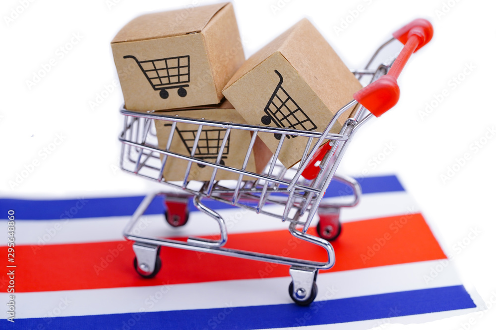 Box with shopping cart logo and Costa Rica flag : Import Export Shopping online or eCommerce finance delivery service store product shipping, trade, supplier concept..
