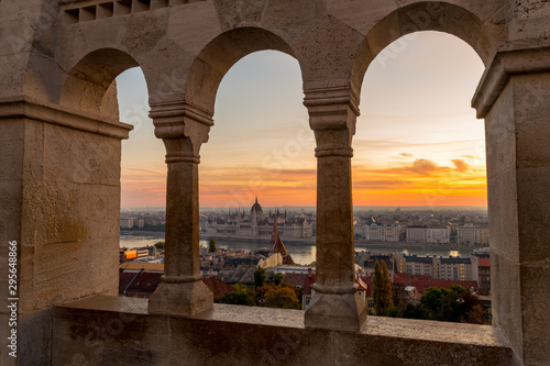 View from the Fisherman's Bastion to the Parliament Building and the Danube at sunrise.