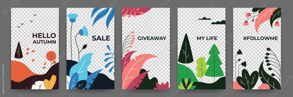 Fototapeta Social media flat plant posters. Abstract vibrant autumn stories floral frames template. Vector illustration magical landscape summer and spring posters for invitation on transparent background