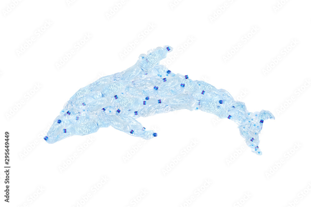 Obraz Silhouette of a dolphin from blue crumpled bottle- plastic. Isolated element for design- concept of saving the environment and pollution of the world ocean