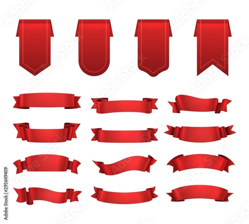 Red ribbons, label set, shiny decorative wave banner elements. Realistic vector retro silk decoration 3d ribbon banners set isolated. Illustration template collection for decoration swirl