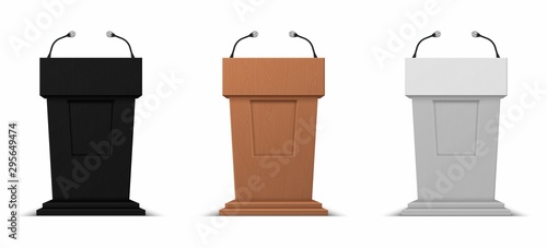 Realistic debate stage. Podium rostrum business presentation stand with microphones. Vector illustration isolated 3D conference speech tribune icons set on white background