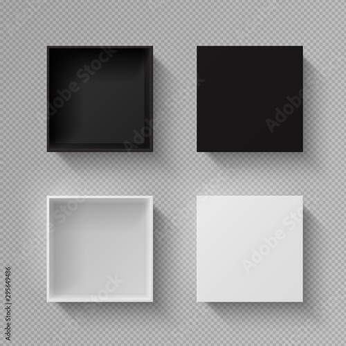 Realistic box top view. Open black blank package mockup on transparent background. Vector image white empty square mysterious container for holiday gift with shadow