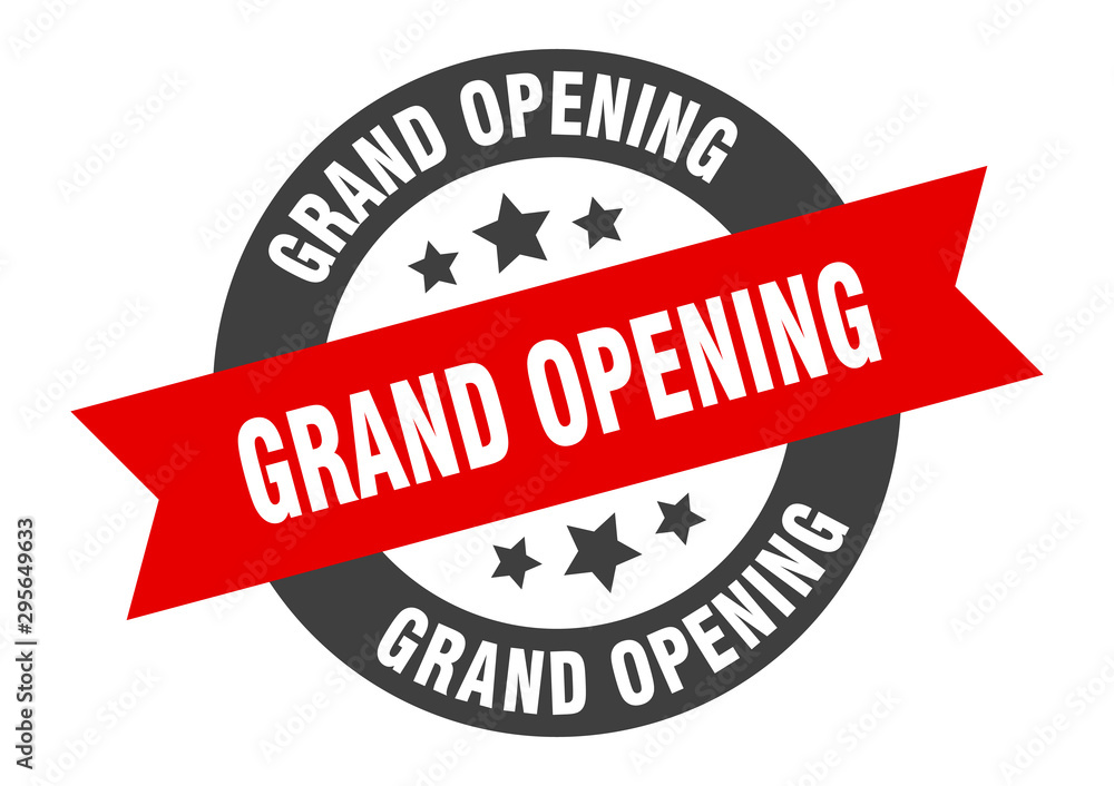 Fototapeta premium grand opening sign. grand opening black-red round ribbon sticker