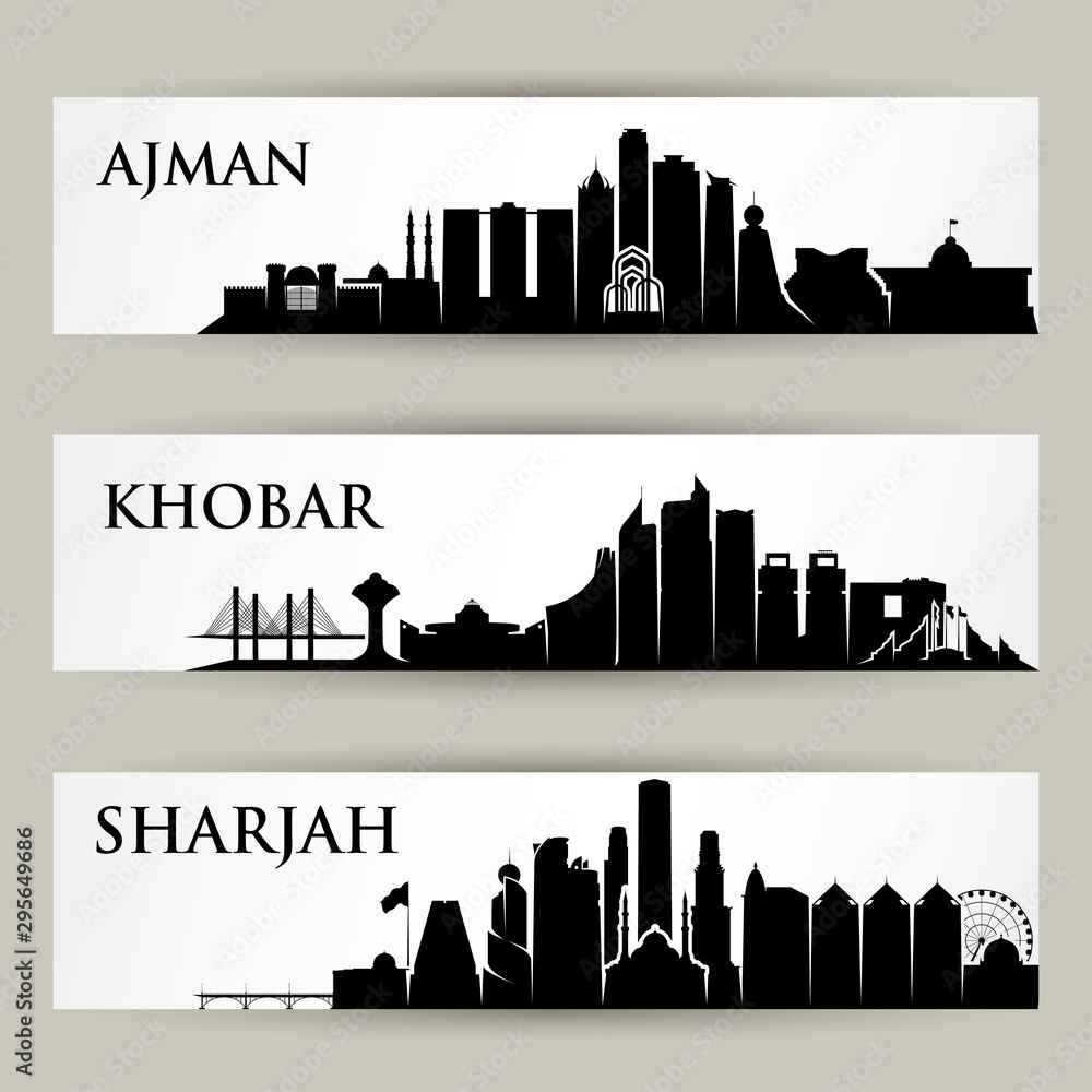 Fototapeta premium Middle East city skylines - Ajman, Khobar, Shajrah, UAE, United Arab Emirates, Saudi Arabia - vector illustration