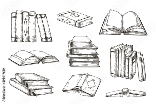 Hand drawn books. Retro image engraved pile and stack of different books, educational illustration for story or novel. Vector vintage decorative ink sketch lipart design elements set