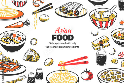 Doodle Asian food background. Chinese cuisine sketch with rice noodles soup and sauces for restaurant menu. Vector illustrations hand drawn poster with korean dishes and meals