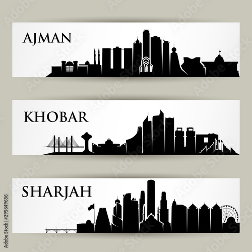 Middle East city skylines - Ajman, Khobar, Shajrah, UAE, United Arab Emirates, Saudi Arabia - vector illustration photo