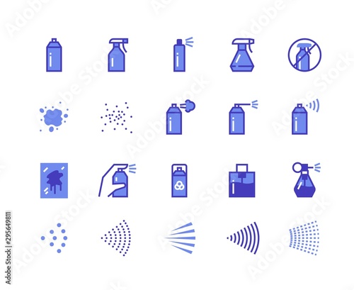 Spray line icons. Cleaning and painting spray flat symbols for labels and logos, spray cans deodorant and perfume. Vector isolated illustration hand pulverizer spraying pattern set