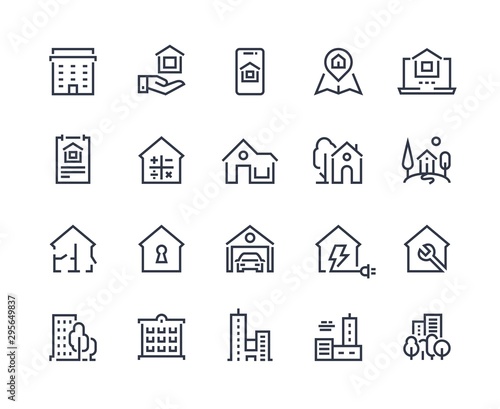 House line icons. Town houses city buildings and constructions, homepage browser interface icons. Vector illustration real estate symbols residential area and homes security key sign set