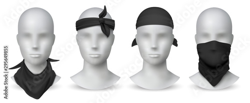 Realistic black bandana. Handkerchief or buff on white mannequin, biker blank head scarf or bandage template. Vector illustration isolated fashion mockup set for tourists gangsters on white background