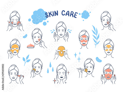 Hand drawn face care. Doodle skin facial mask and protection infographic elements, girl cartoon character. Vector skin care, procedures acne treatment, washes makeup, set on white background