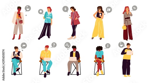 People with smartphones. Cartoon hand drawn characters with mobile devices sending messages, photos, videos and communicating. Vector illustrations characters smile woman and man chatting with laptop