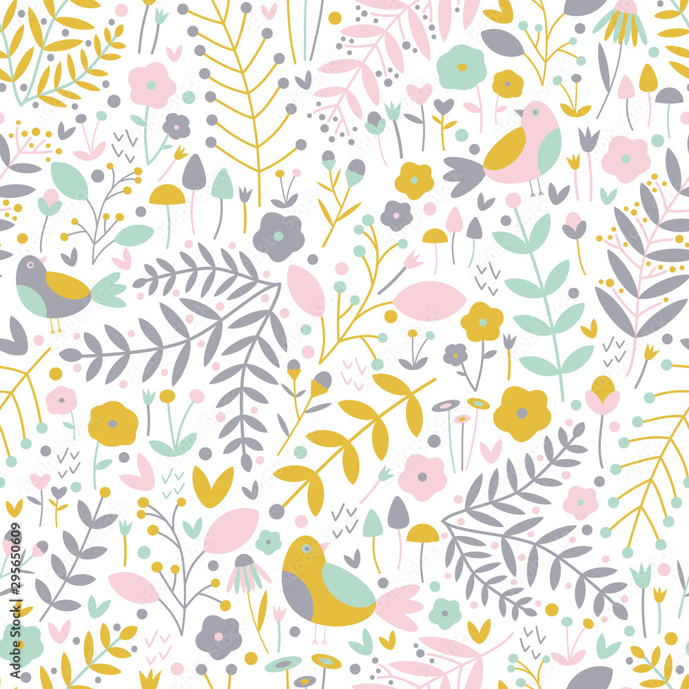 Vector seamless pattern of mustard, mint green, pink and grey birds, laurels, vines, berries, flowers and hearts on a white background. Great for dressmaking and home decor fabric.