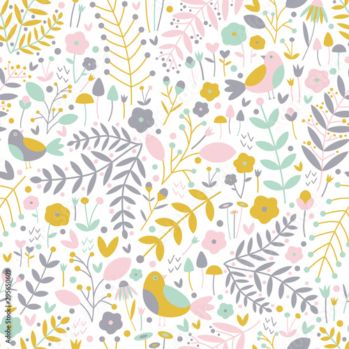 Vector seamless pattern of mustard, mint green, pink and grey birds, laurels, vines, berries, flowers and hearts on a white background. Great for dressmaking and home decor fabric.