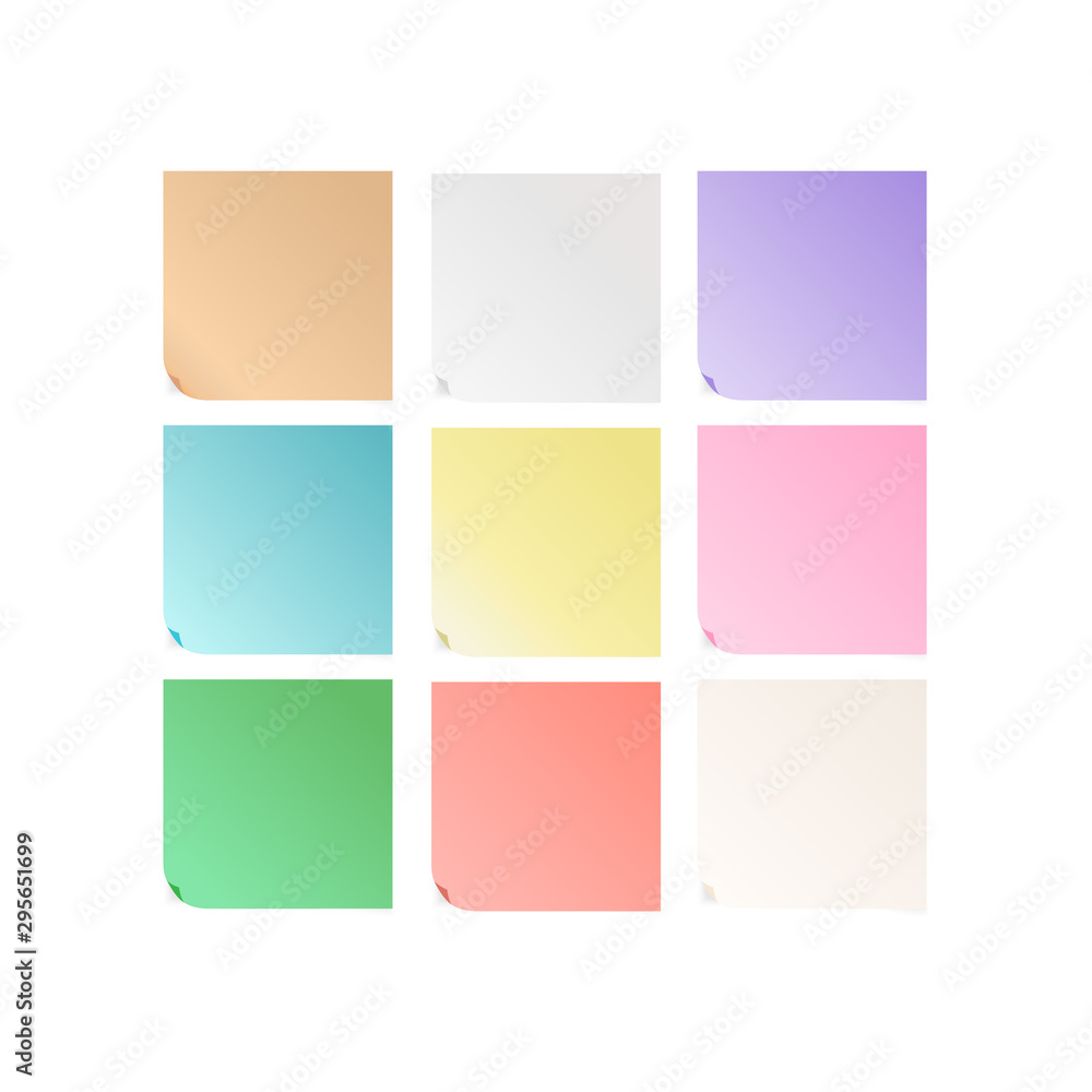 Notebook paper multi-colored square. Post note sticker set. Paper office, school sticky tape with shadow. Flat vector illustration isolated on white background.