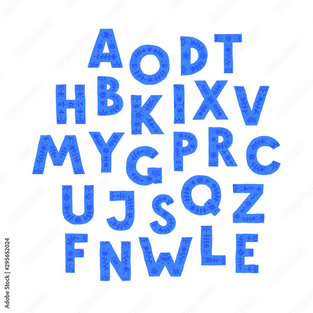 Blue letters in random order. Vector. Letters in a floral ornament. Cartoon doodle style. English alphabet. Blue letters in random order. Vector. Letters in a floral ornament. Cartoon doodle style. English alphabet.