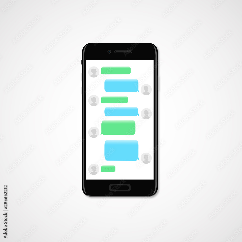 Black phone and short message service bubbles with place for text chat text boxes in the screen. Empty messaging bubbles. Black phone and short message service bubbles with place for text chat text boxes in the screen. Empty messaging bubbles.
