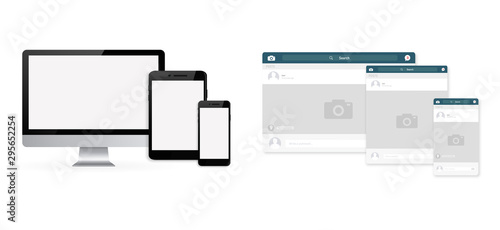 Set of computer, tablet and phone. Concept of social page interface for the laptop, phone or tablet. Vector illustration.