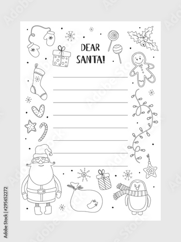 Cartoon Christmas wish christmas items. Coloring page. A letter to Santa Claus template. Christmas background with a place for Christmas gifts for Santa wish list. Vector illustration.