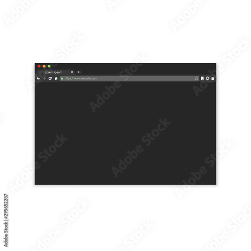 Modern dark mode browser window design isolated on white background. Web window screen mockup. Internet empty page concept with shadow. Vector illustration