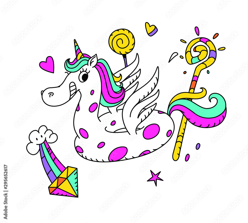 Obraz premium Illustration of a magical unicorn in the form of a rubber ring. Vector. Cartoon hero cute horse with wings. Kawaii character. Mythical creature, symbolizes chastity. Sticker for girls.