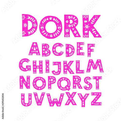 Alphabet of pink letters in a floral ornament. Vector. Letters in a vegetable pattern. Cartoon doodle style. English alphabet.
