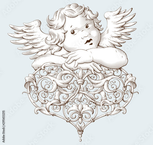 Elegant vintage cupid and heart for Valentine`s day and wedding. Vintage decorative element engraving with Baroque ornament