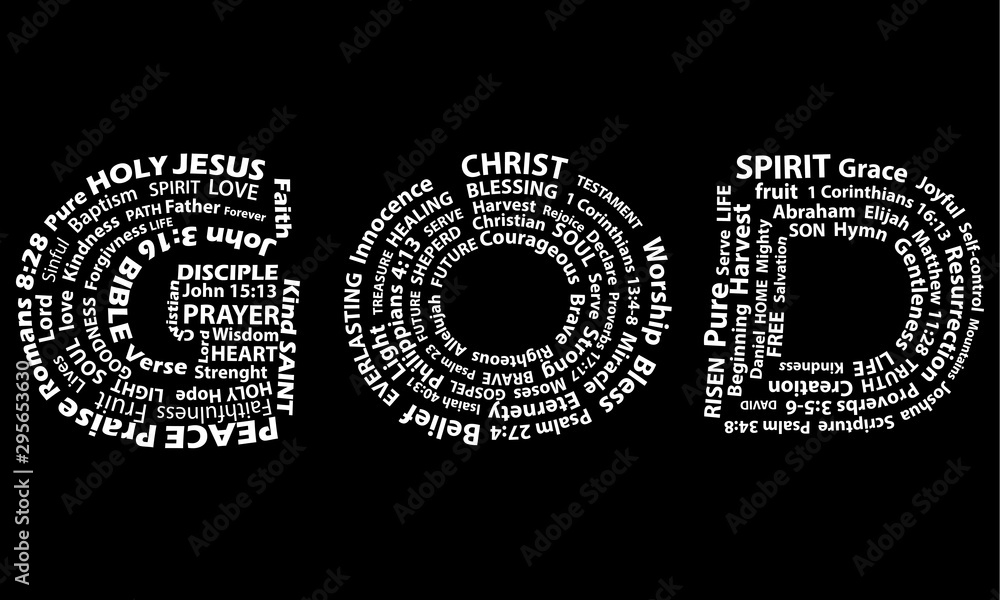 Word God in white written with christian words on black background.  Christian background Stock Vector | Adobe Stock