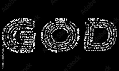Word God in white written with christian words on black background. Christian background