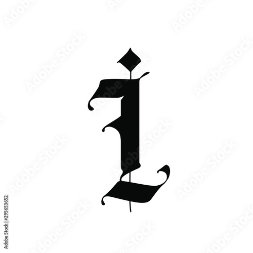 Letter I, in the Gothic style. Vector. Alphabet. The symbol is isolated on a whitebackground. Calligraphy and lettering. Medieval Latin letter. Logo for the company. Monogram. Elegant font for tattoo.