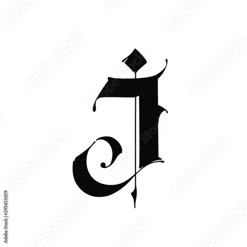 Letter J, in the Gothic style. Vector. Alphabet. The symbol is isolated on a white background. Calligraphy and lettering. Medieval Latin letter. Logo for the company. Monogram. Elegant font for tattoo