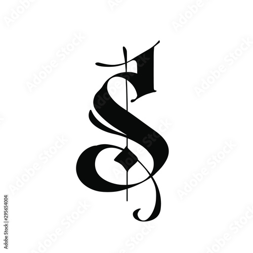 Letter S, in the Gothic style. Vector. Alphabet. The symbol is isolated on a white background. Calligraphy and lettering. Medieval Latin letter. Logo for the company. Monogram. Elegant font for tattoo