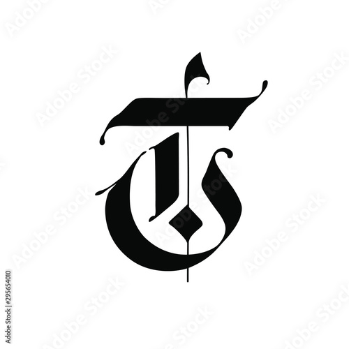 Letter T, in the Gothic style. Vector. Alphabet. The symbol is isolated on a white background. Calligraphy and lettering. Medieval Latin letter. Logo for the company. Monogram. Elegant font for tattoo