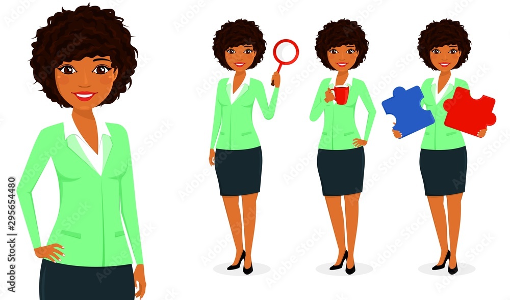 Set. Business concept. A young black girl businessman stands with a Cup of coffee, a magnifying glass, puzzles. Office work. Business and Finance. Flat style on white background. Cartoon. Set. Business concept. A young black girl businessman stands with a Cup of coffee, a magnifying glass, puzzles. Office work. Business and Finance. Flat style on white background. Cartoon.