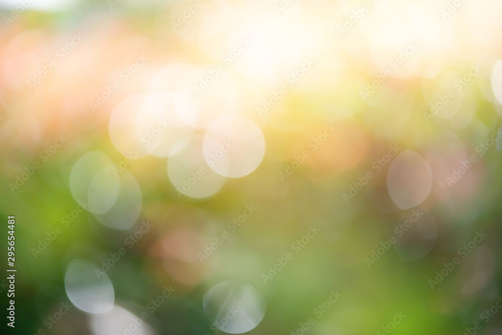 Defocused of beautiful sunrise in the park..Blurred shrub refreshment with sunlight and orange color bokeh used for background. - obrazy, fototapety, plakaty 