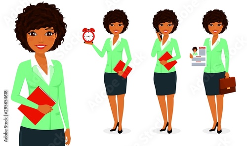 Set. Business concept. A young black girl, of a businessman standing with a clock, a phone, a summary. Office work. Business and Finance. Flat style on white background. Cartoon.