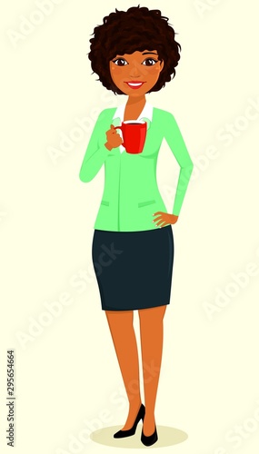 The concept, young black girl, the businessman. Girl with a cup of coffee in hand. Business and Finance. Character. Flat style on white background. Cartoon.