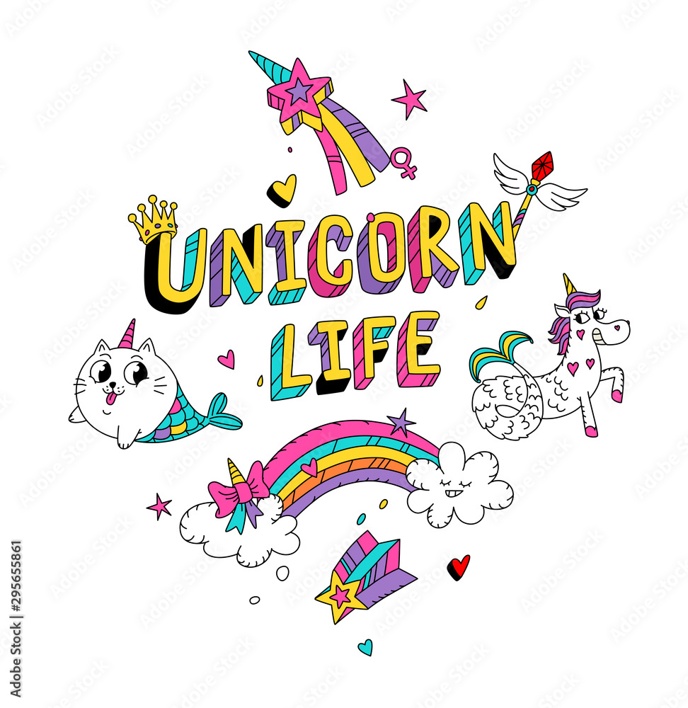 Fototapeta premium Illustration of a magic cat in the image of a mermaid and a unicorn in the form of a mermaid. Cartoon characters in a fabulous girl world. Kawaii characters. Mythical creatures. The life of unicorns.