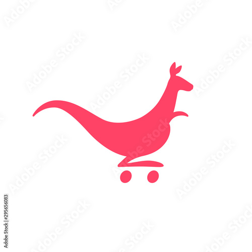 A silhouette of a pink kangaroo on casters in the form of a trolley from a store.  Monogram  emblem for a company or firm. Corporate sign.