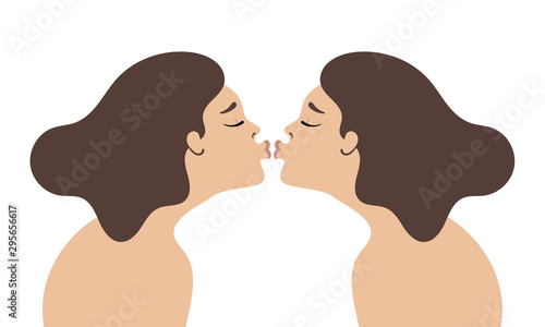 Girl kissing its reflection. Love of self. Vector on white background