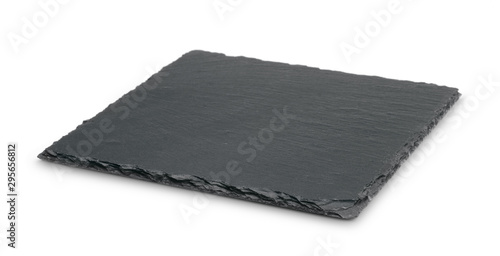 Empty black slate plate isolated on white
