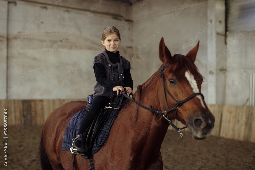 Fototapeta premium a little girl sits astride a horse in the stable building .