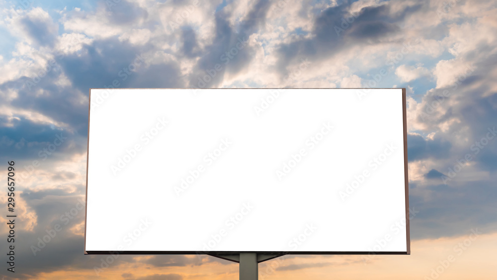 Mock up image: blank white billboard or large display with sun beams shining through clouds at sunset, front view. Consumerism, mockup, advertising, isolated white screen, template, copyspace concept