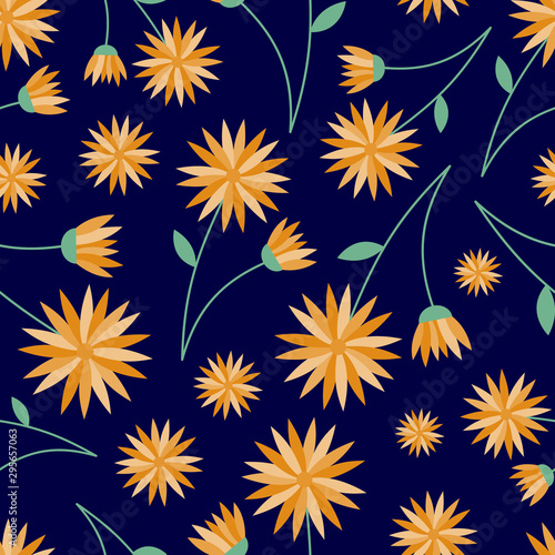 Vector seamless pattern of large yellow flowers on a navy background. Great for textiles, gardening products, children's textiles. © MinimoleStudio